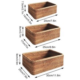 3pcs Hand-Woven Rattan Wicker Basket Fruit Tea Snack Bread Basket Cosmetic Rectangular Storage Box Household Kitchen Room Supply (Ships From: China, Color: 3pcs mixed set)